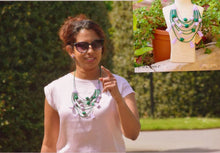 Load image into Gallery viewer, Green and lilac fabric tiered bead and tassel neckpiece
